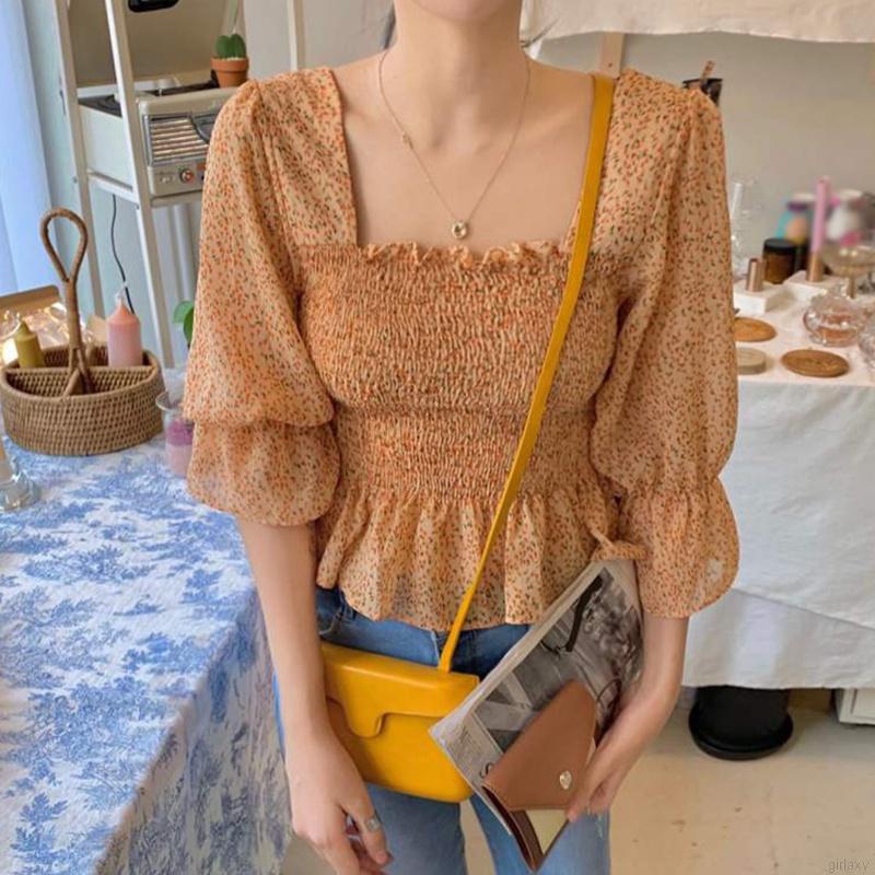 Áo Kiểu Chiffon Cổ Vuông Họa Tiết Hoa Xinh Xắn Phong Cách Hàn Quốc Dành Cho Nữ | BigBuy360 - bigbuy360.vn