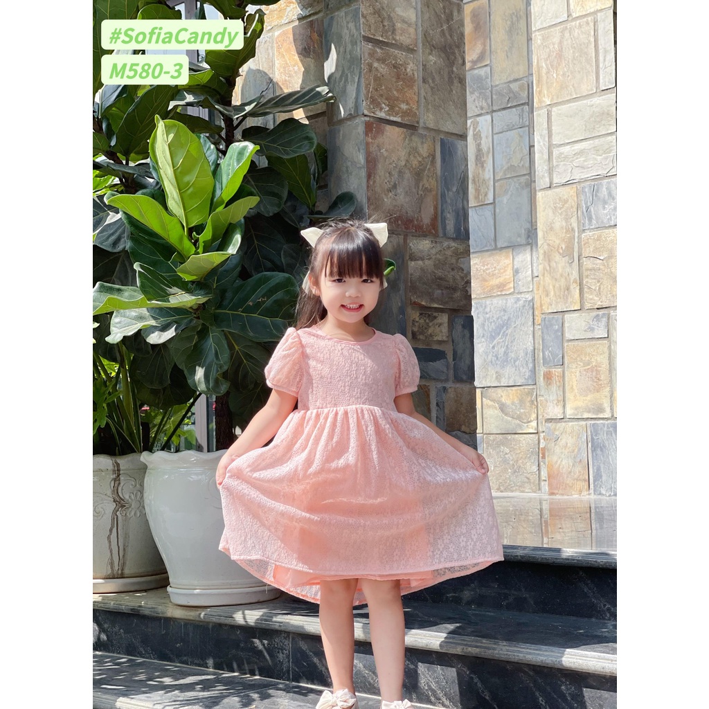 Váy bé gái ren lụa hoa nhí mềm mượt ,tay bồng cột nơ lưng 3 màu xinh xắn Shushibabyshop