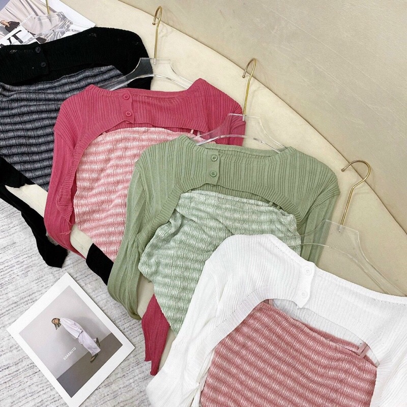 Set Áo Dây Trơn Màu Và Áo Cadigan Len Mỏng