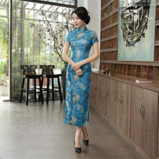 Sườn xám dài gấm cao cấp có hình thật