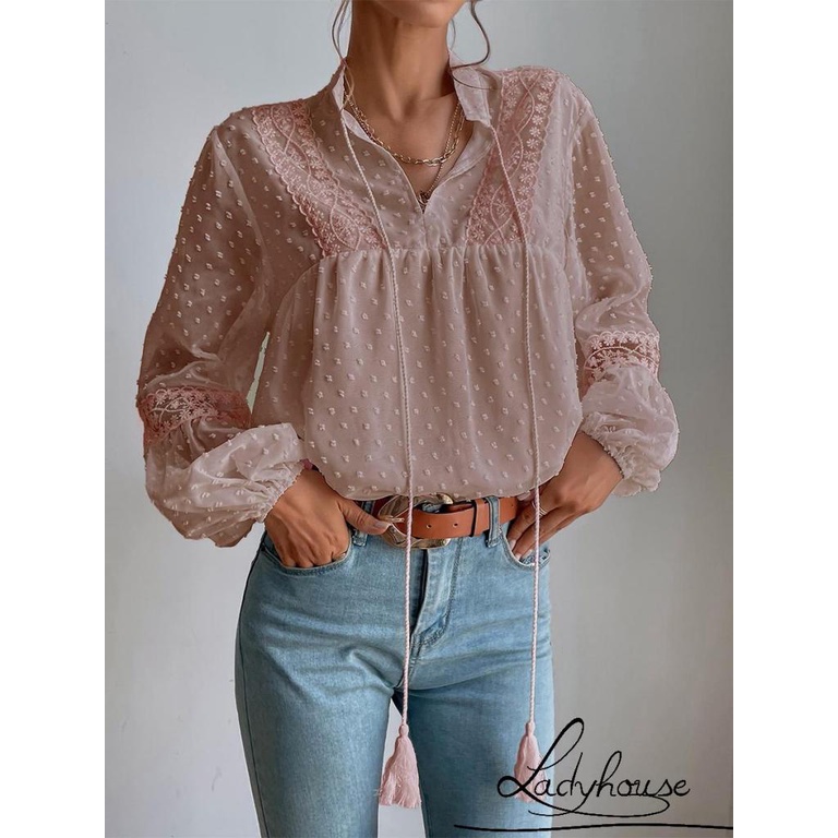 Áo Sơ Mi Chiffon Tay Dài Dáng Rộng Họa Tiết Chấm Bi Thời Trang Đường Phố Cho Nữ