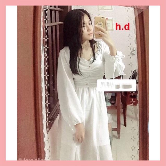 VÁY BABYDOLL Cổ Tim 3 Cúc Ngực❤Đầm trắng dài công chúa (ảnh thật + Video shop tự quay)❤Đầm nữ dự tiệc 2 lớp ko lộ hàng