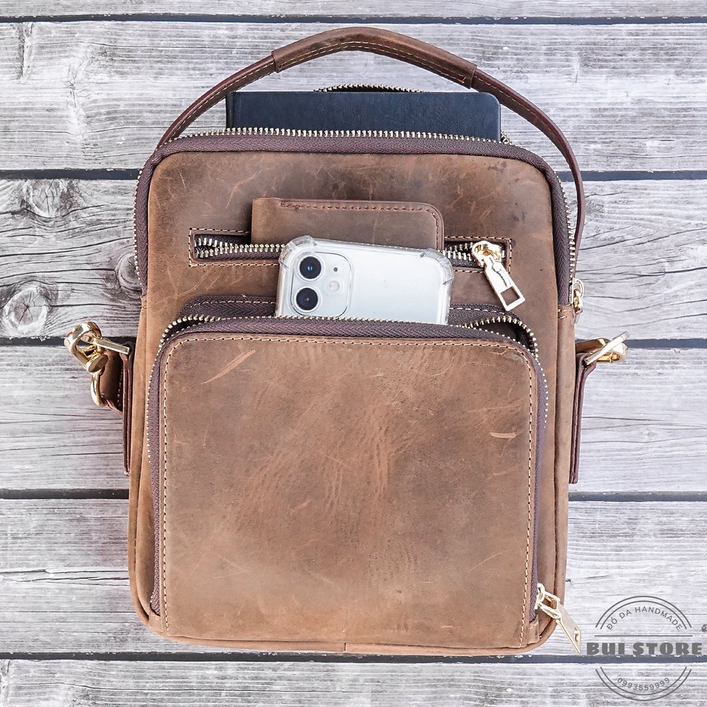 Túi chéo nam da thật, Túi đeo chéo thời trang nam da bò sáp 100% khâu tay Handmade