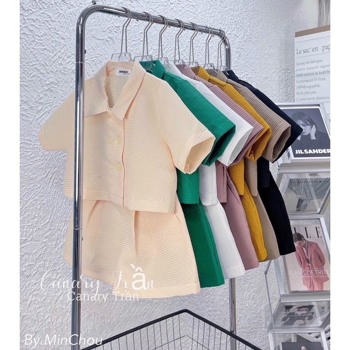 Set áo sơ mi croptop nút gài thun bộc xốp tổ ong+ quần short cùng màu xanh, hồng, vàng, trắng