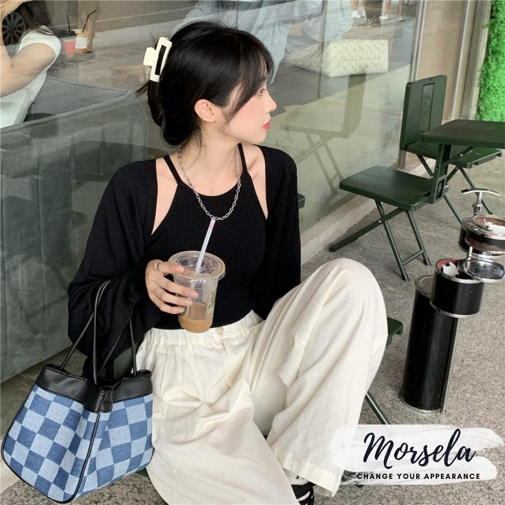 Set áo yếm GEO và áo khoác ngoài cardigan tay dài chất bo gân dày dặn phong cách Hàn Quốc - Morsela - SET01