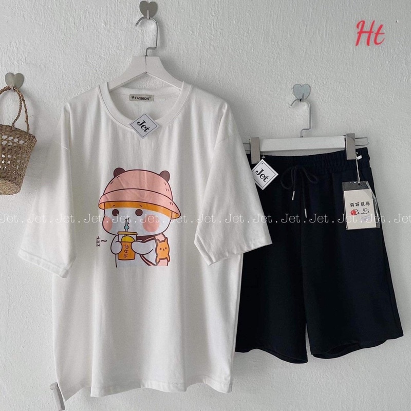 Sét áo phông nón hồng đi học + quần đùi trơn H2Q776