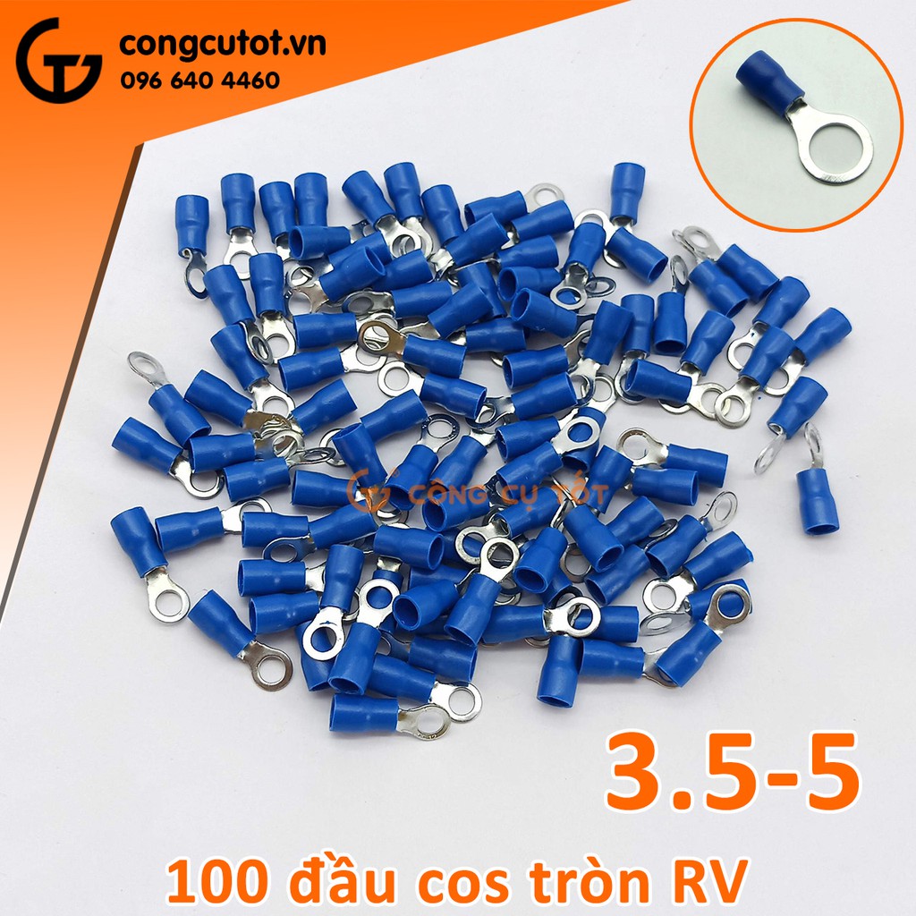 Túi 100 đầu cos tròn RV 3.5-5 bọc nhựa xanh