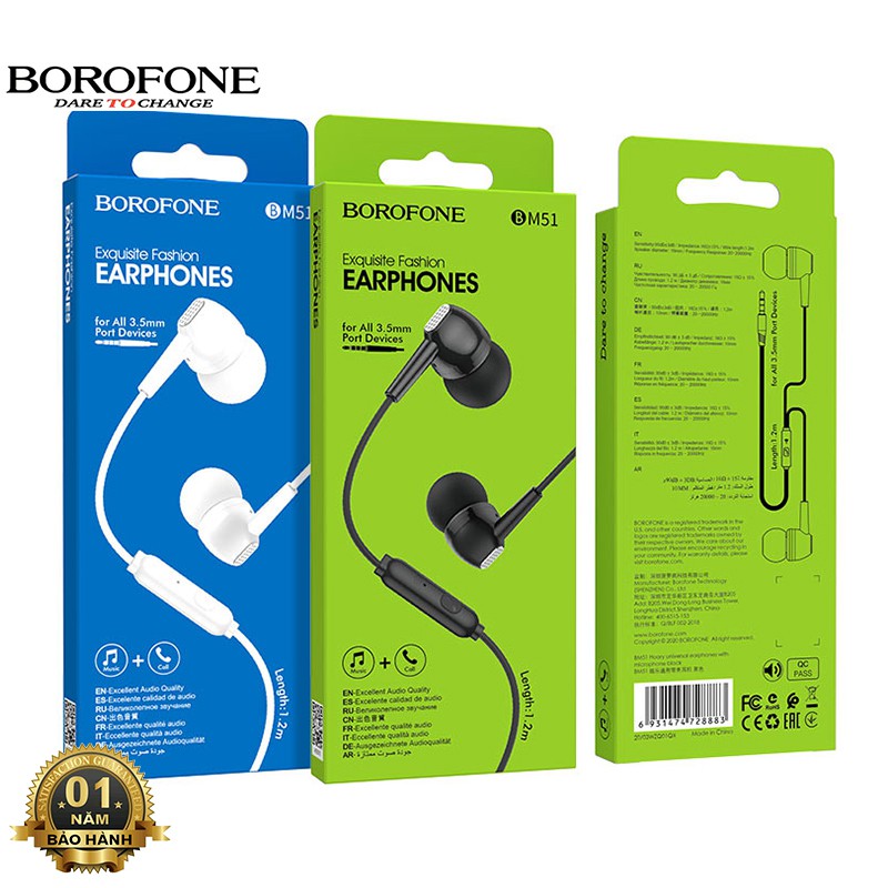 Tai nghe nhét tai Borofone BM51 nghe hay, có mic đàm thoại, dây dài 1.2m