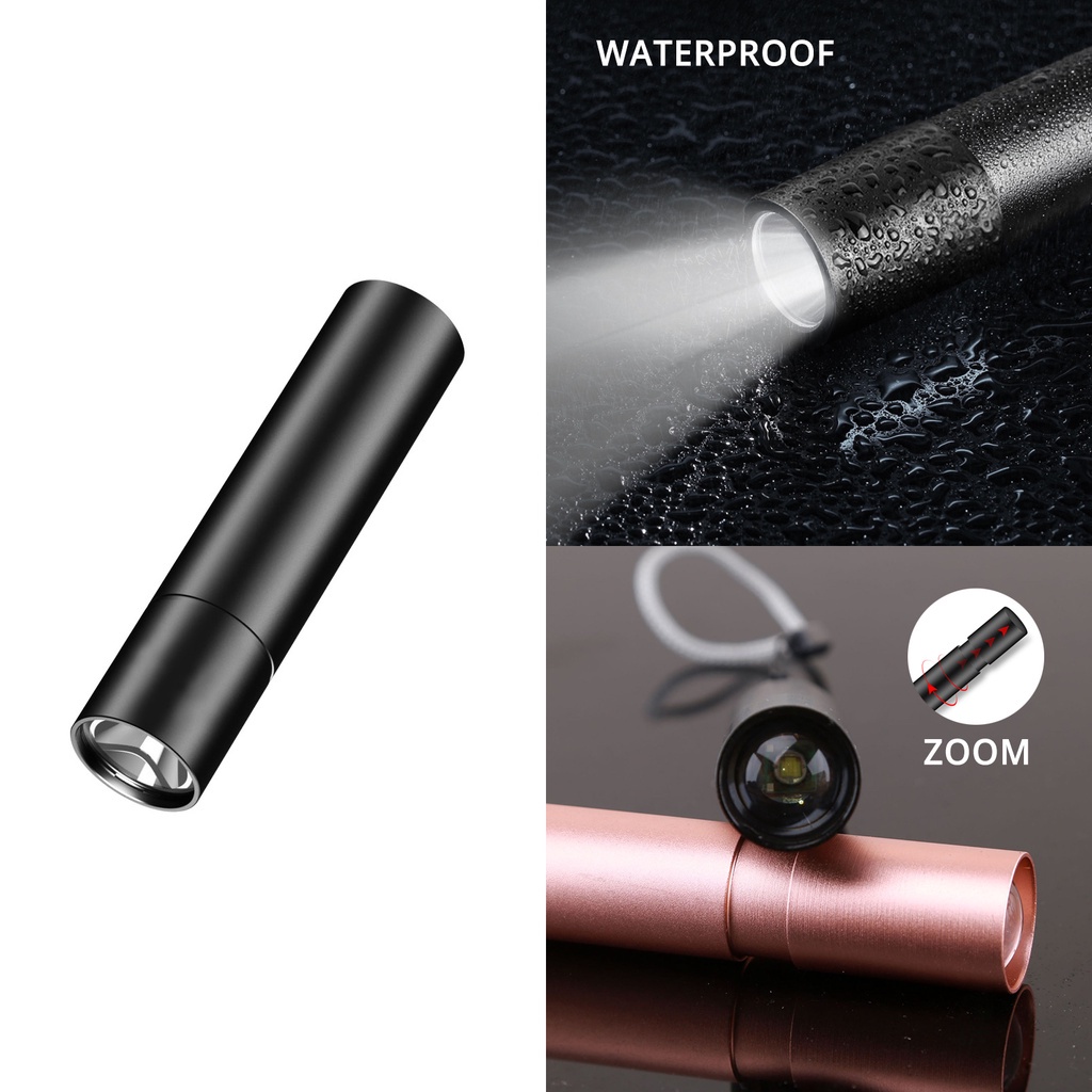 Đèn pin mini di động chống lóa công suất lớn dùng cắm trại ngoài trời màu đen/bạc/vàng hồng