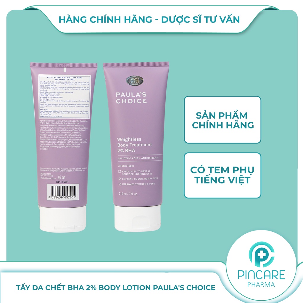 Kem dưỡng thể tẩy tế bào chết Paula's Choice Weightless Body Treatment 2% BHA 210ml- Hàng chính hãng - Nhà thuốc PinCare