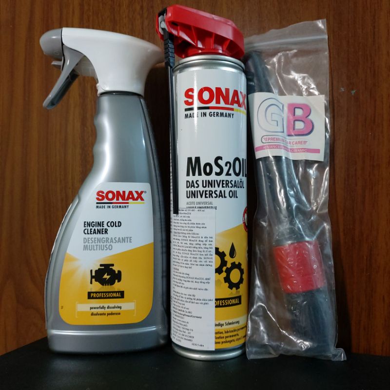 Bộ 3: Vệ sinh khoang máy Sonax Engine Cold Cleaner + Dầu bảo dưỡng Sonax + Cọ GB chính hãng