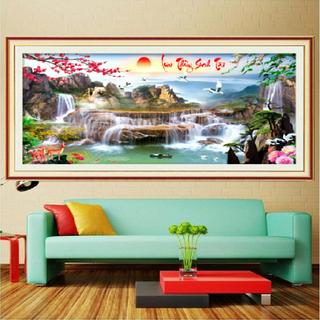 Tranh thêu chữ thập 3d phong cảnh lưu thủy sinh tài