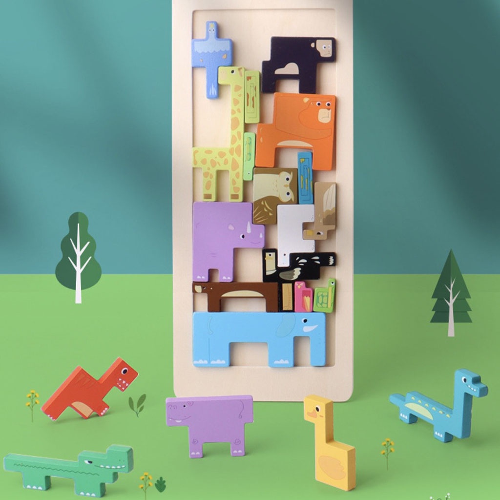Đồ chơi xếp hình tư duy gỗ 3D, xếp hình montessori ghép khối giao thông và động vật cho bé_ SP14