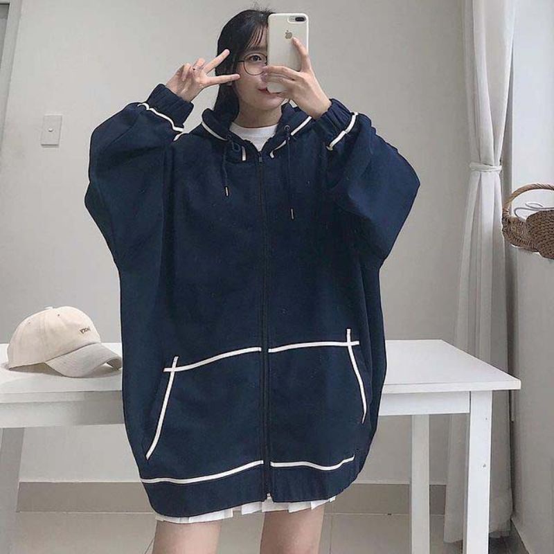 Áo khoác nữ form rộng chất nỉ tay phồng, kiểu hoodie dây kéo có nón thời trang thu đông
