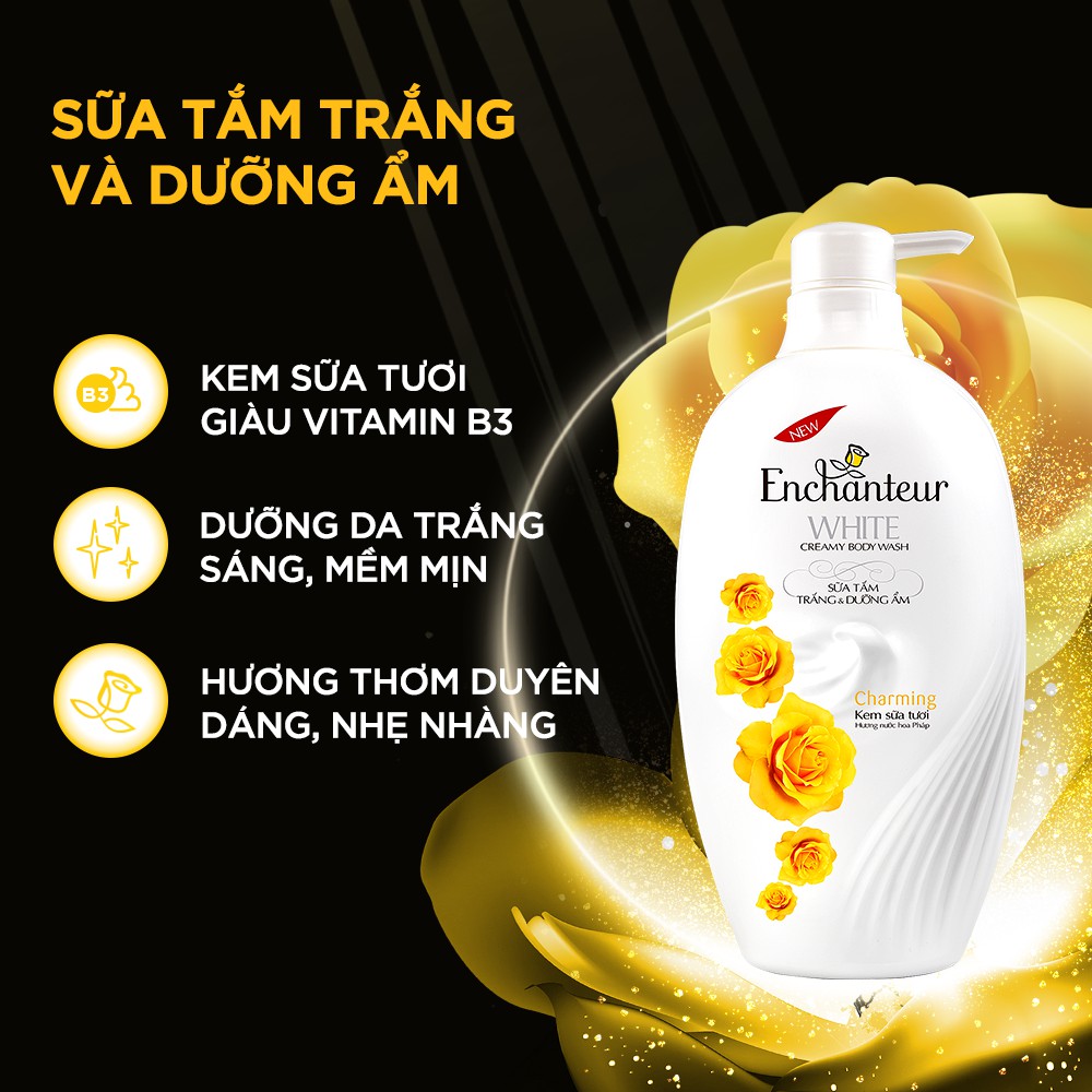 Sữa tắm trắng và dưỡng ẩm Enchanteur Charming 650gr - Tặng túi Tote xinh xắn