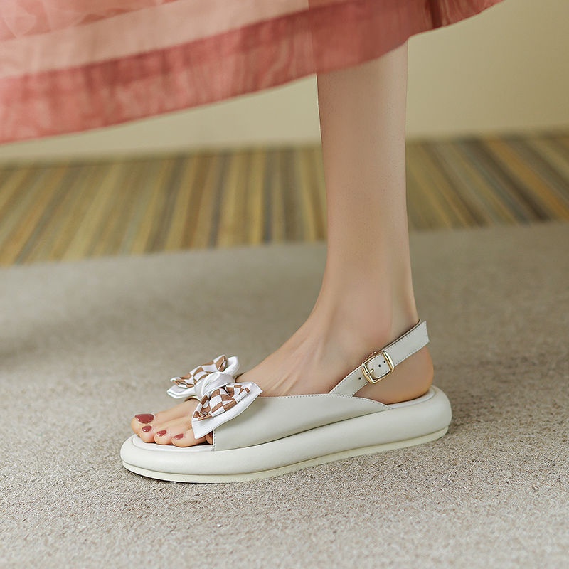 Oeggeo shop Xăng đan Đế Bằng Kẻ Sọc Ca Rô Đính Nơ Có Một Nút Cho Nữ