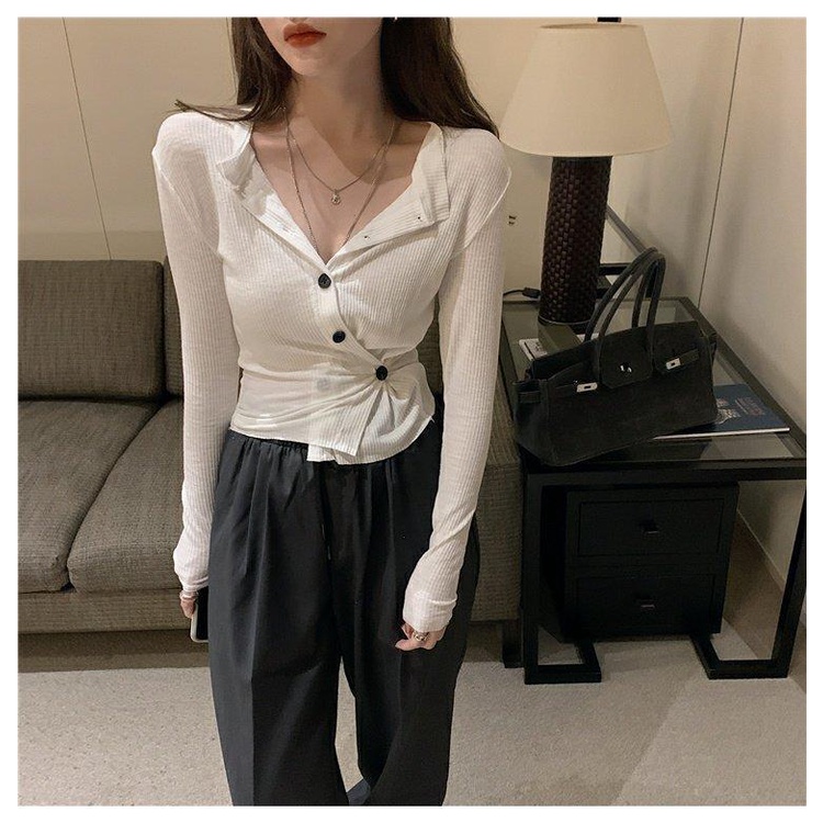 Áo len dài tay vạt chéo phối nút thời trang mùa xuân mới 2021 dành cho nữ