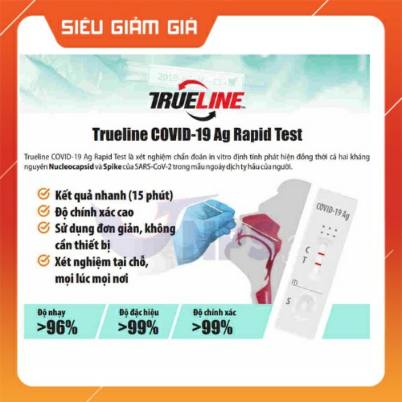 Test nhanh, kit test nhanh Covid -19 Trueline( lấy dịch tỵ hầu) - Giao hàng hỏa tốc nhanh