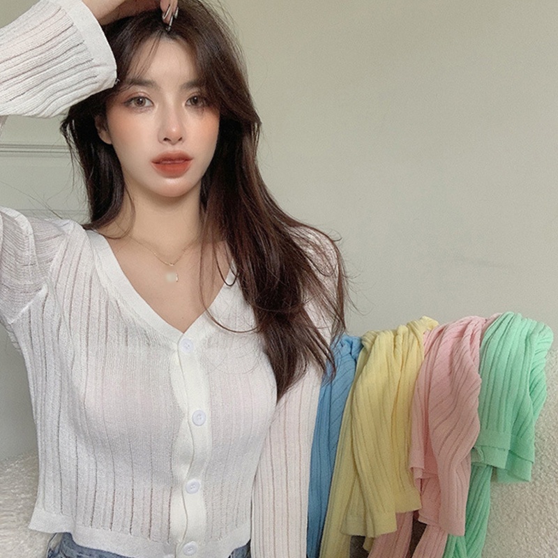 Áo Khoác Cardigan Dệt Kim Tay Dài Cổ Chữ V Màu Trơn Phối Nút Thời Trang Cho Nữ