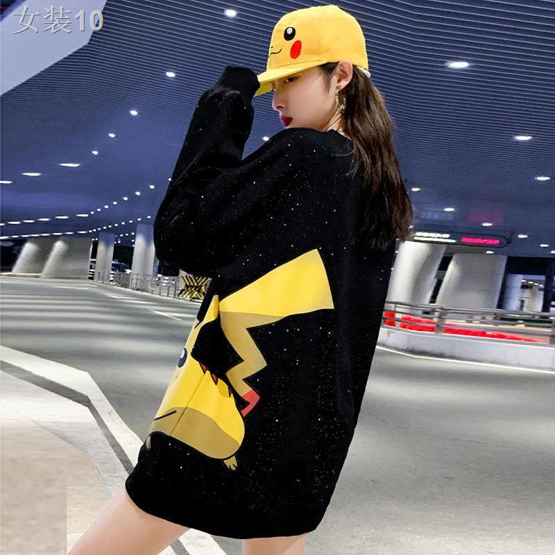 ™™Pikachu thương hiệu thời trang áo len nữ in lỏng phiên bản Hàn Quốc của mùa thu đông mới khoác dạ dài tay thun
