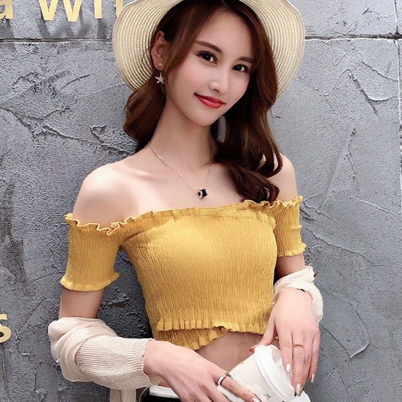 Áo dệt kim ngắn tay vai ngang phối bèo gợi cảm dành cho nữ