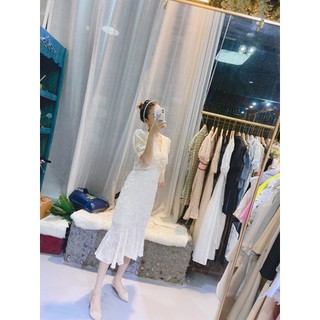 Đầm Midi Cổ V Đuôi Cá Kiểu Pháp