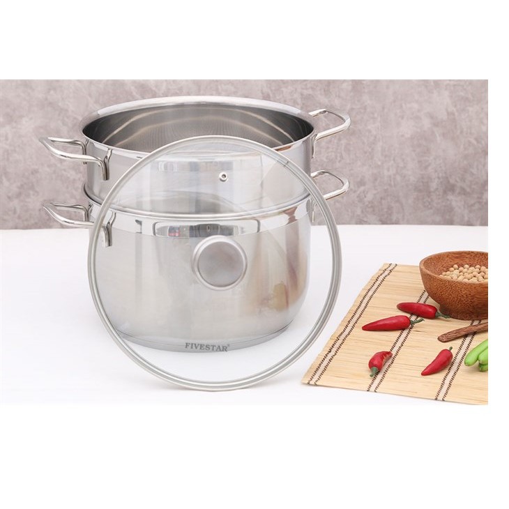 Bộ nồi xửng hấp inox 430 bếp từ 3 đáy Fivestar Standard 26cm nắp kính.tặng 1 vá canh inox