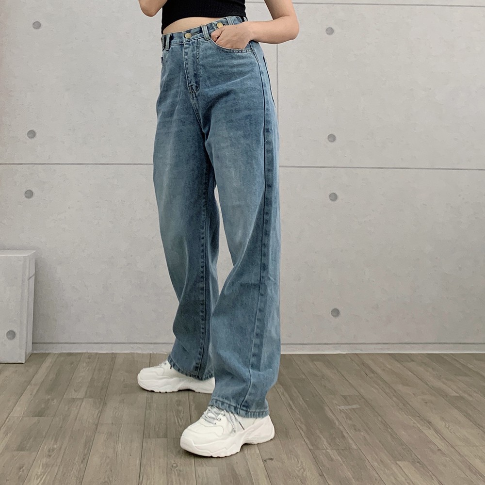 Quần Baggy suông jean nữ ống rộng lưng cao màu xanh đen BEE1500-6F5