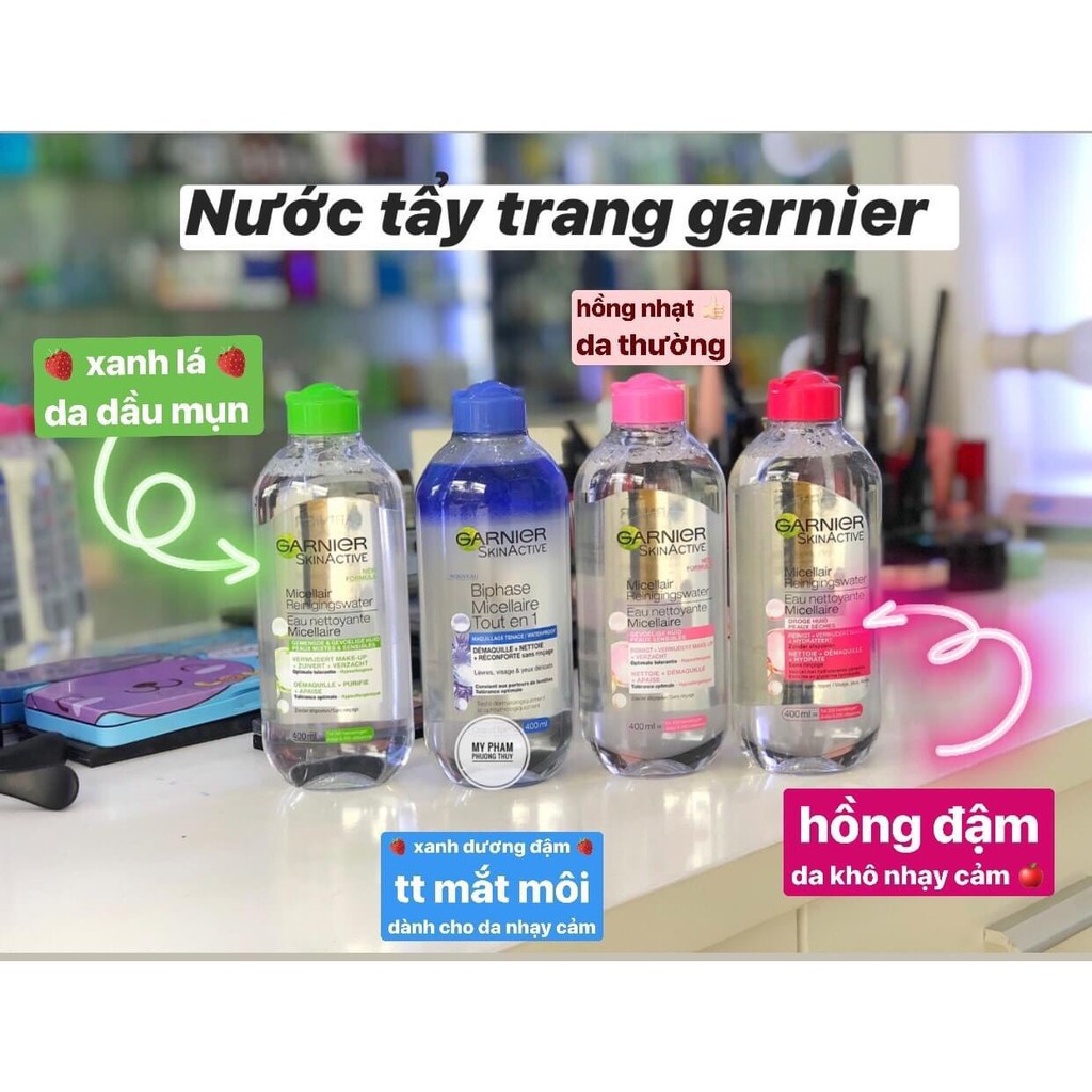 Nước tẩy trang Garnier 400ml cho da nhạy cảm ( Xanh Lá + Hồng + Dầu Xanh + Dầu Vàng + Xanh Ngọc + xanh dương cho da dầ