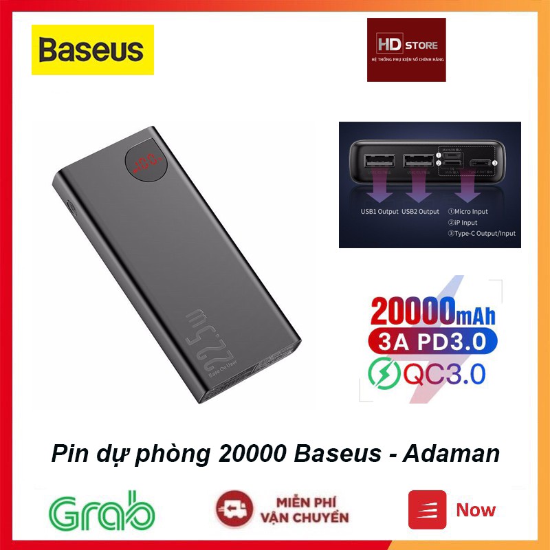 Pin dự phòng Baseus  20000mAh Sạc nhanh 20W có Led hiển thị Adaman cho IPhone 11 12 13 Pro Max Samsung Metal