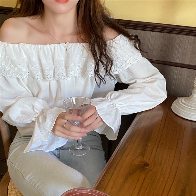 Áo kiểu tay dài trễ vai màu trắng thời trang 36820