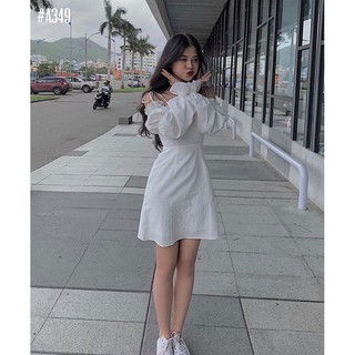 Đầm Dự Tiệc Trắng Cột Dây Trễ Vai