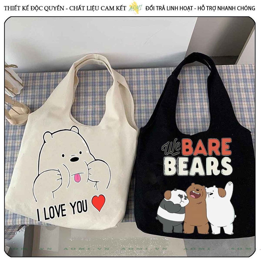 TOTE CANVAS GẤU WE ARE BEAR FORM TRÒN TÚI VẢI ĐEO VAI BAG NÚT BẤM SIZE LỚN AOMIVN DU LỊCH  MÀU ĐEN TRẮNG