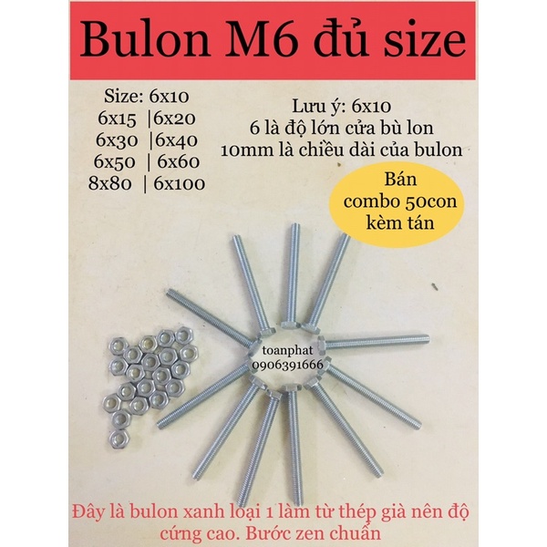 50 bộ bulon+ tán M6| size M6x10/ M6x15/M6x20/M6x25/M6x30/M6x40 mm