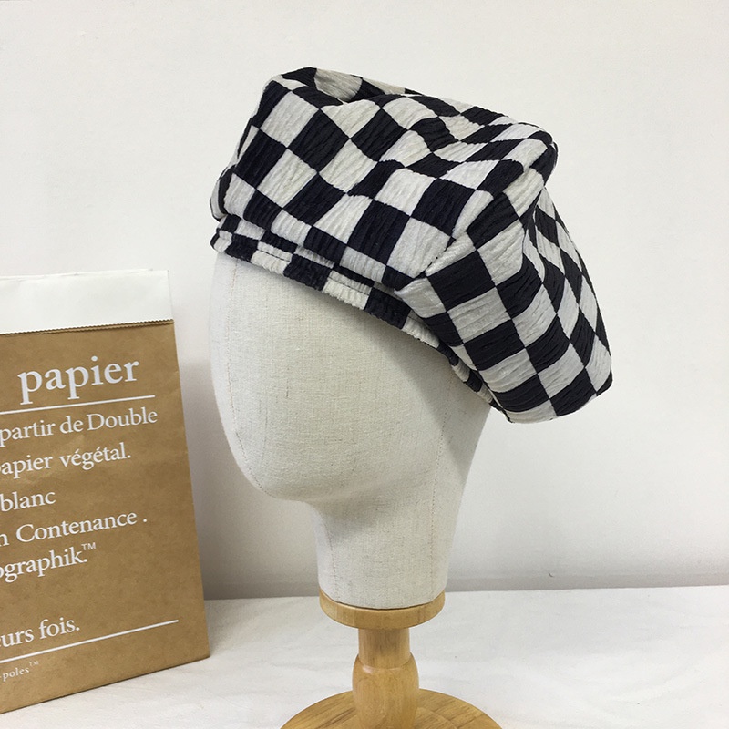Mũ Nồi Ulzzang Unisex, Nón Beret Họa Tiết Sọc Ca Rô Đen Trắng Cổ Điển Vintage, Phong Cách Hàn Quốc - Iclassy_shoes