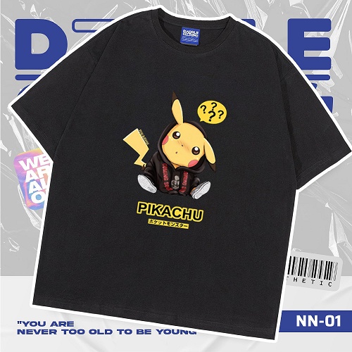 Áo thun nam nữ tay lỡ unisex oversize áo phông form rộng basic tee hình pikachu bận áo khoác