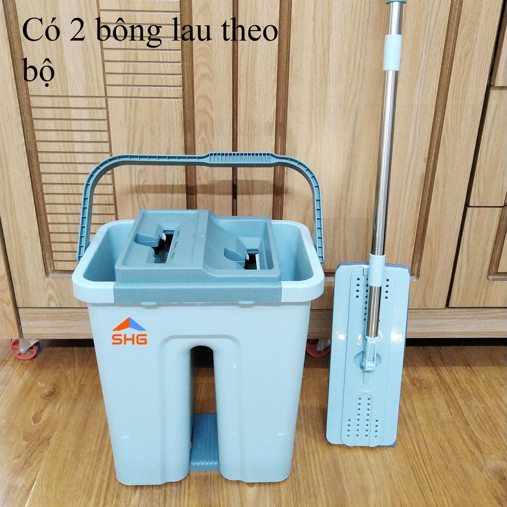 {BỘ LAU NHÀ LỚN}BỘ LAU NHÀ THÔNG MINH TỰ VẮT XOAY 360 ĐỘ, CÂY LAU NHÀ INOX, 2 BÔNG LAU