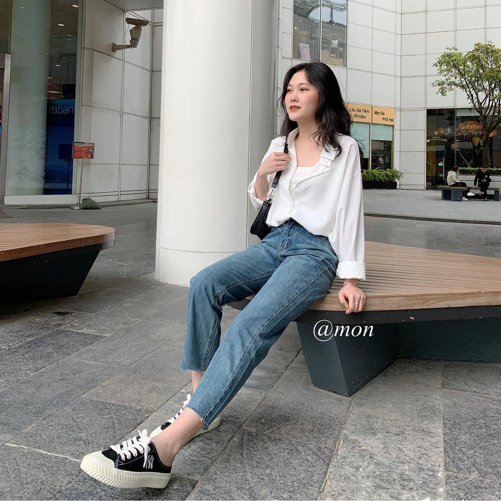 2101349 Quần jeans nữ ống đứng form vừa dáng basic ulzzang màu xanh vintage có size