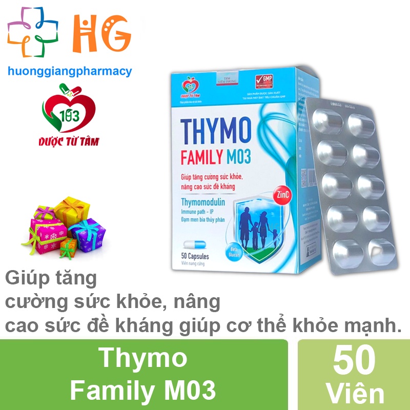Thymo Family M03 bổ sung Beta glucan Thymomodulin và kẽm giúp tăng cường sức khỏe nâng cao sức đề kháng Hộp 50 viên nang