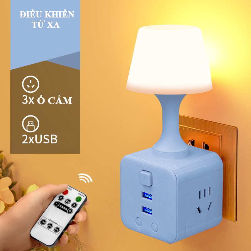 Đèn ngủ cao cấp , Đèn ngủ thông minh có điều khiển từ xa - 2 cổng USB – 3 ổ cắm – 10 cấp độ sáng.