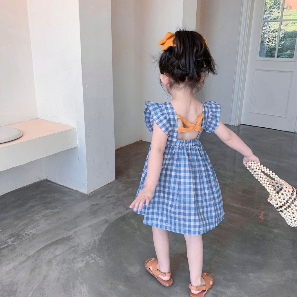 Váy Đầm Cánh Tiên Họa Tiết Kẻ Caro Cho Bé Gái 8-26kg