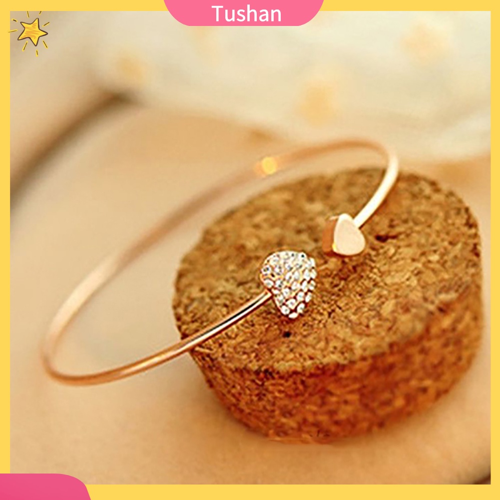 TUSH_Women Fashion Golden Tone Rhinestone Love Heart Bangle Cuff Bracelet Gift