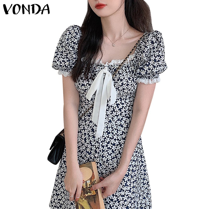 Đầm VONDA Tay Ngắn Cổ Vuông Phối Ren In Họa Tiết Hoa Xinh Xắn Thời Trang | BigBuy360 - bigbuy360.vn