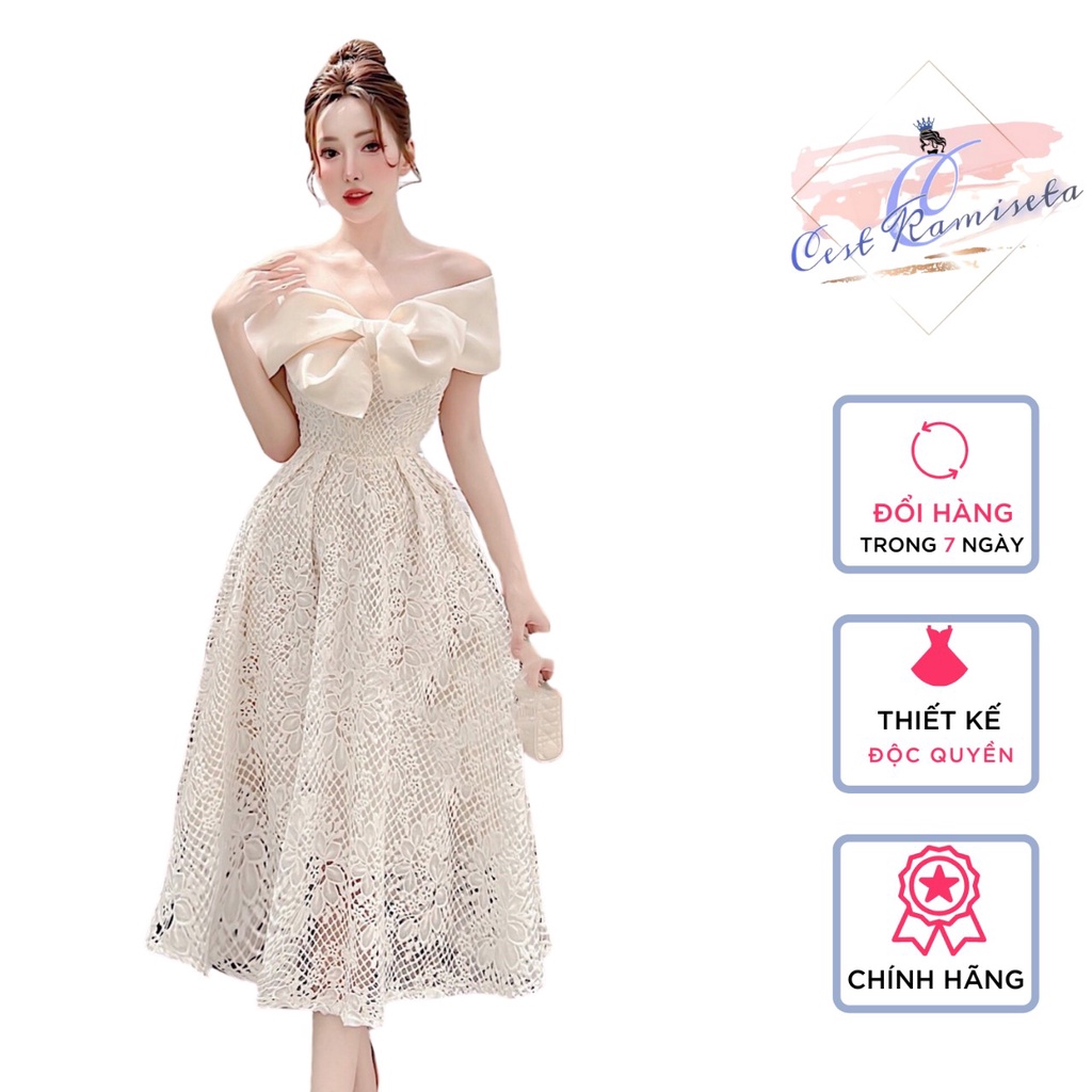 Váy ren Cest Kamiseta thiết kế trễ vai vải ren phối tapta trễ vai quyến rũ tiểu thư sang chảnh