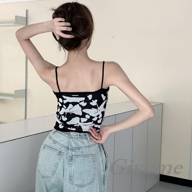 Áo Croptop Dệt Kim Không Tay Hở Lưng Họa Tiết Jacquard Độc Đáo Cho Nữ
