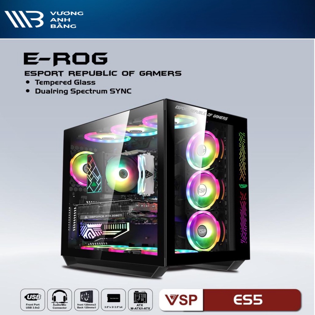 SIEU KHUYẾN MẠI Thùng máy tính, Thùng Case VSP E-ROG ES5 Gaming Black/ Pink ( Có sẳn panel LED, Hông + Mặt trước kính cư