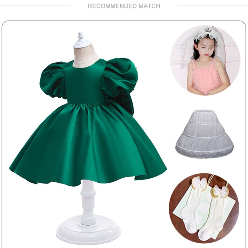 Đầm Công Chúa Satin Cổ Tròn Tay Ngắn Phồng Đính Hạt Ngọc Trai Giả Thắt Nơ Sau Lưng Cho Bé Gái