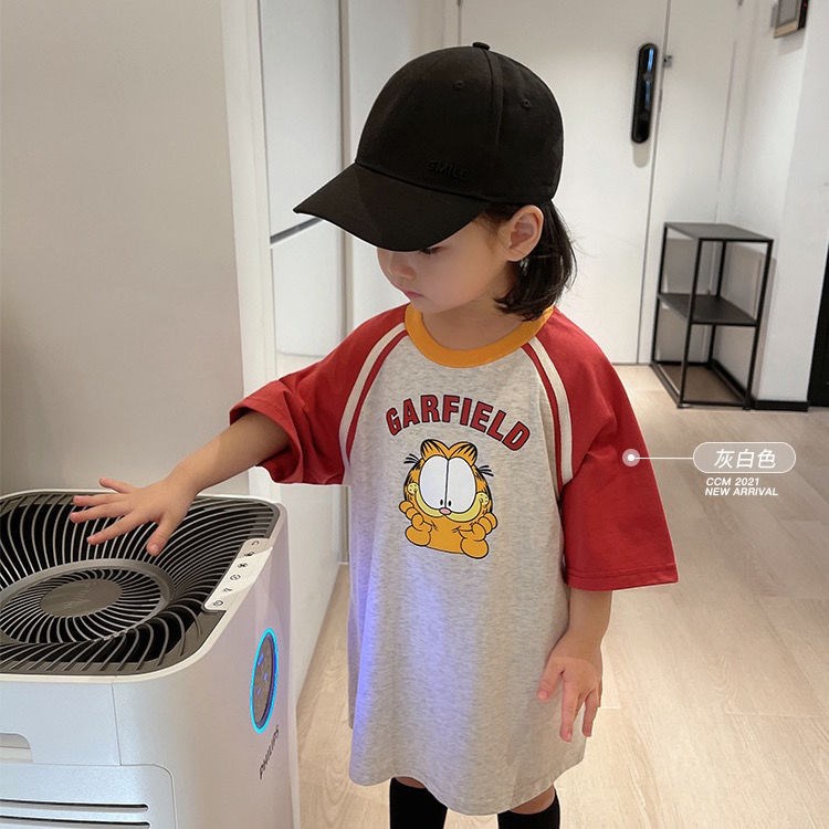 Đầm Thun Cổ Tròn Dáng Rộng In Họa Tiết Hoạt Hình Phối Màu Thời Trang Hàn Quốc Cho Bé Gái