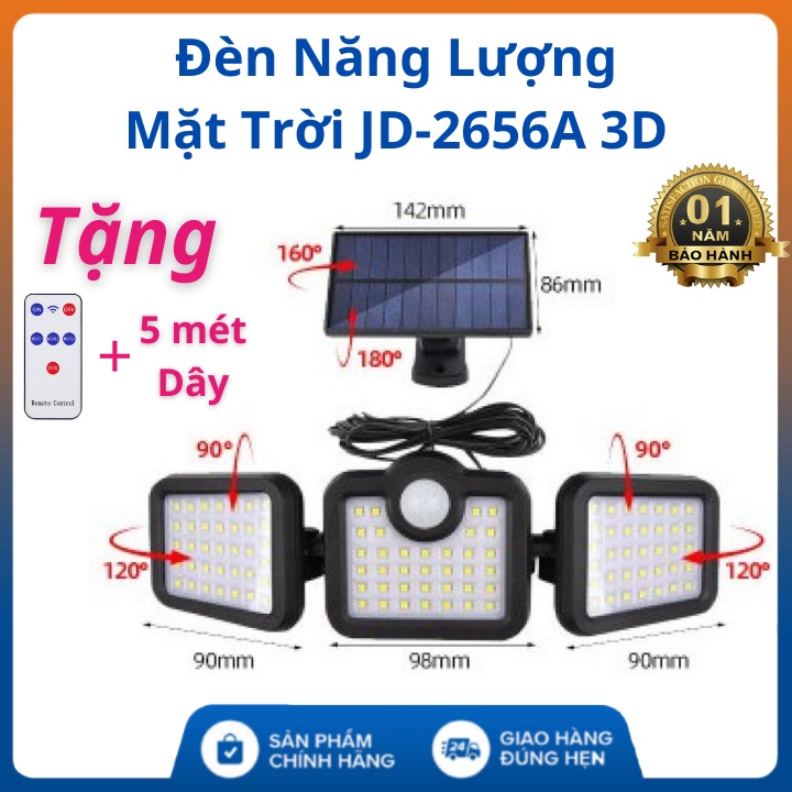 Đèn Năng Lượng Mặt Trời Sân Vườn JD-2656A 3D 💥 FREESHIP 💥 3 Bóng 126 led Siêu Sáng - Tặng 5 mét dây + điều khiến - Bh 1N