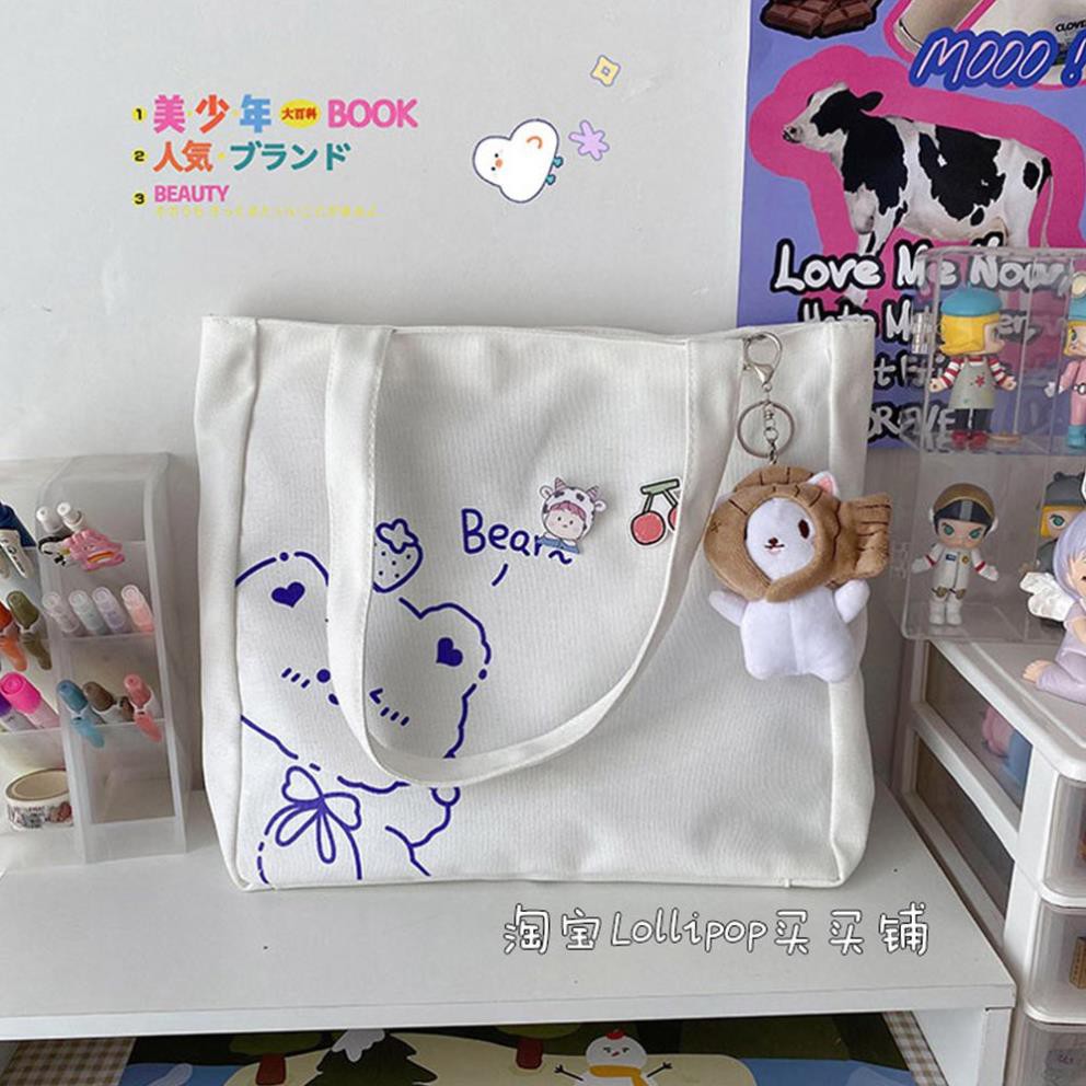 Túi tote vải canvas ulzzang unisex in hình gấu Bear dễ thương, phong cách hàn quốc